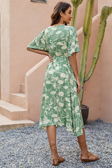 Green Printed V Neck Half Sleeves Midi Summer Dress